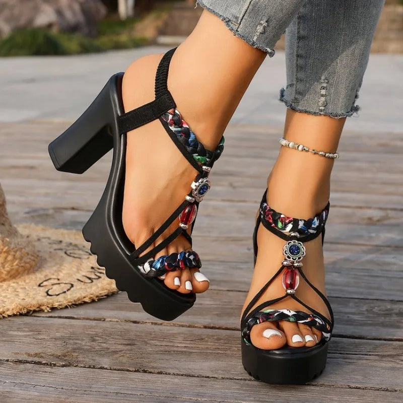 Women's Ethnic Chunky Heel Sandals — Open Toe Roman Style