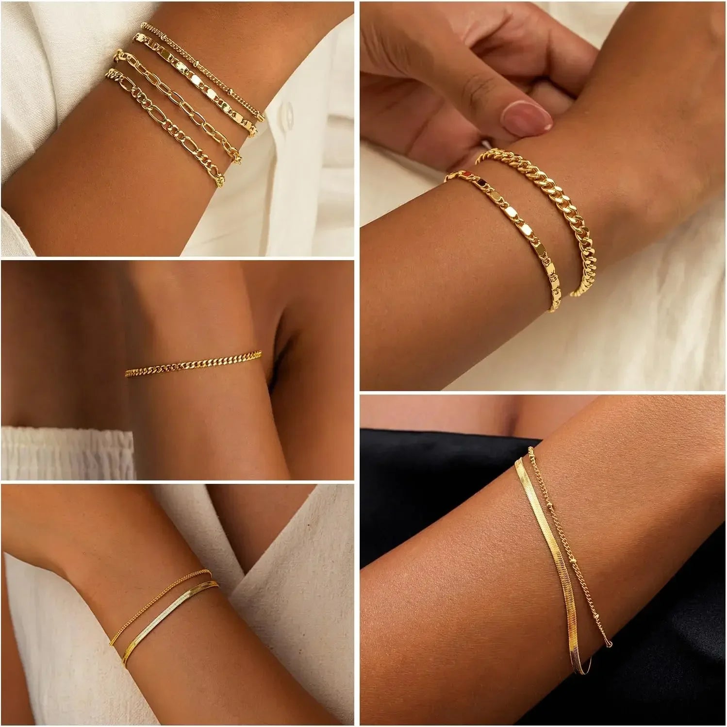 7PCS 14K Gold Plated Bracelets Sets for Women，Dainty Fashion Layered Cuban Link Chain Herringbone