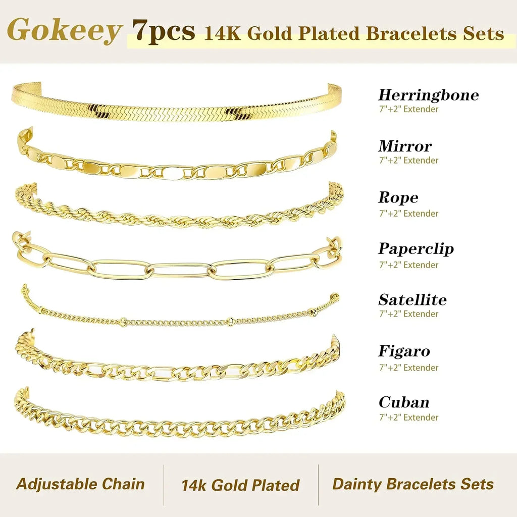 7PCS 14K Gold Plated Bracelets Sets for Women，Dainty Fashion Layered Cuban Link Chain Herringbone