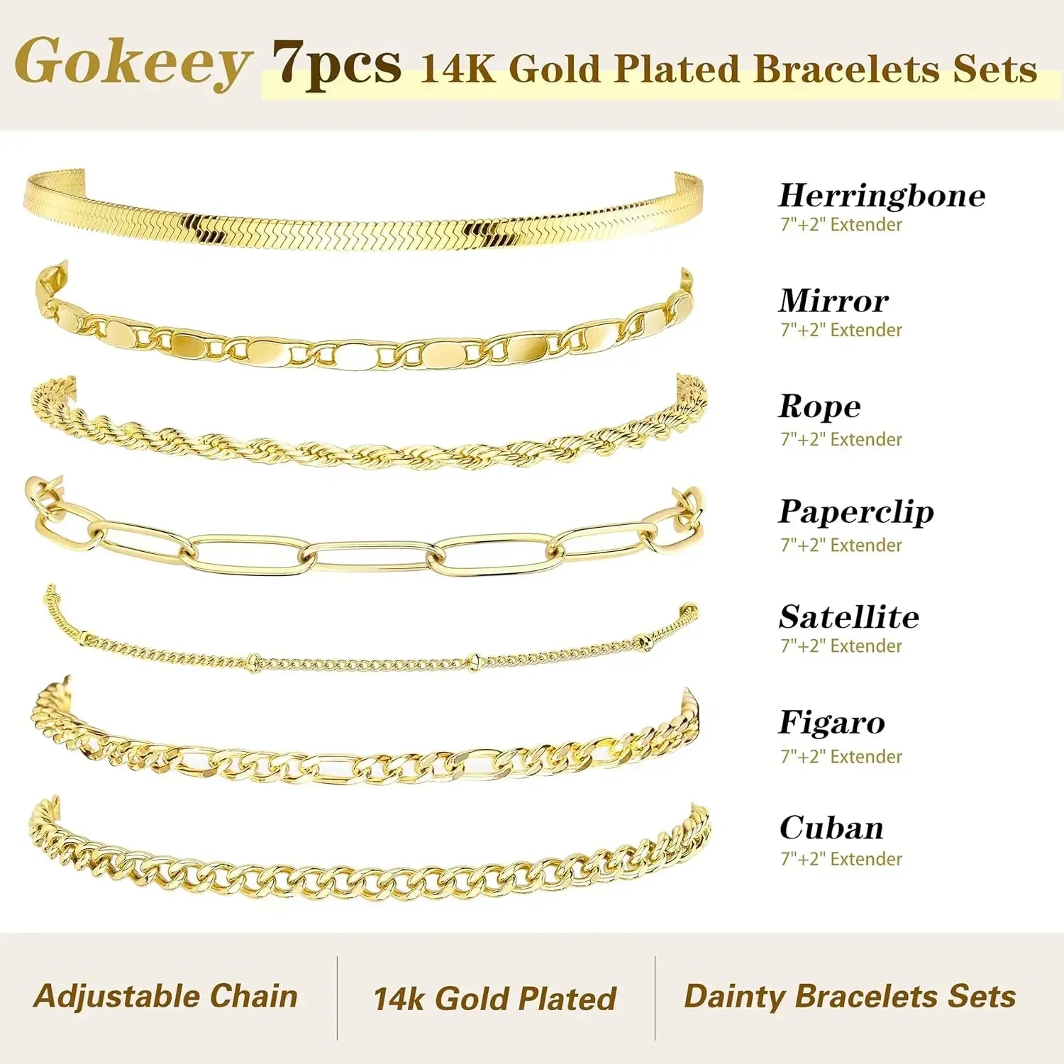 7PCS 14K Gold Plated Bracelets Sets for Women，Dainty Fashion Layered Cuban Link Chain Herringbone
