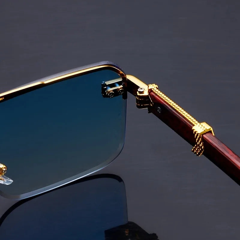 Rimless Rectangle Sunglasses — Wood Grain UV400