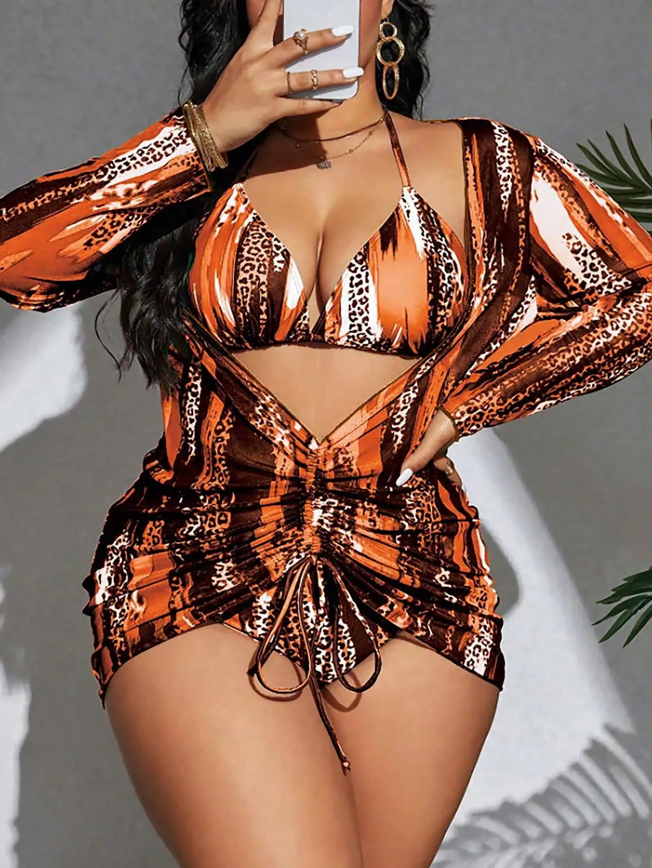 Vibrant Leopard And Colorblock 3-Piece Tankini Set For Beach Summer Festival Wear