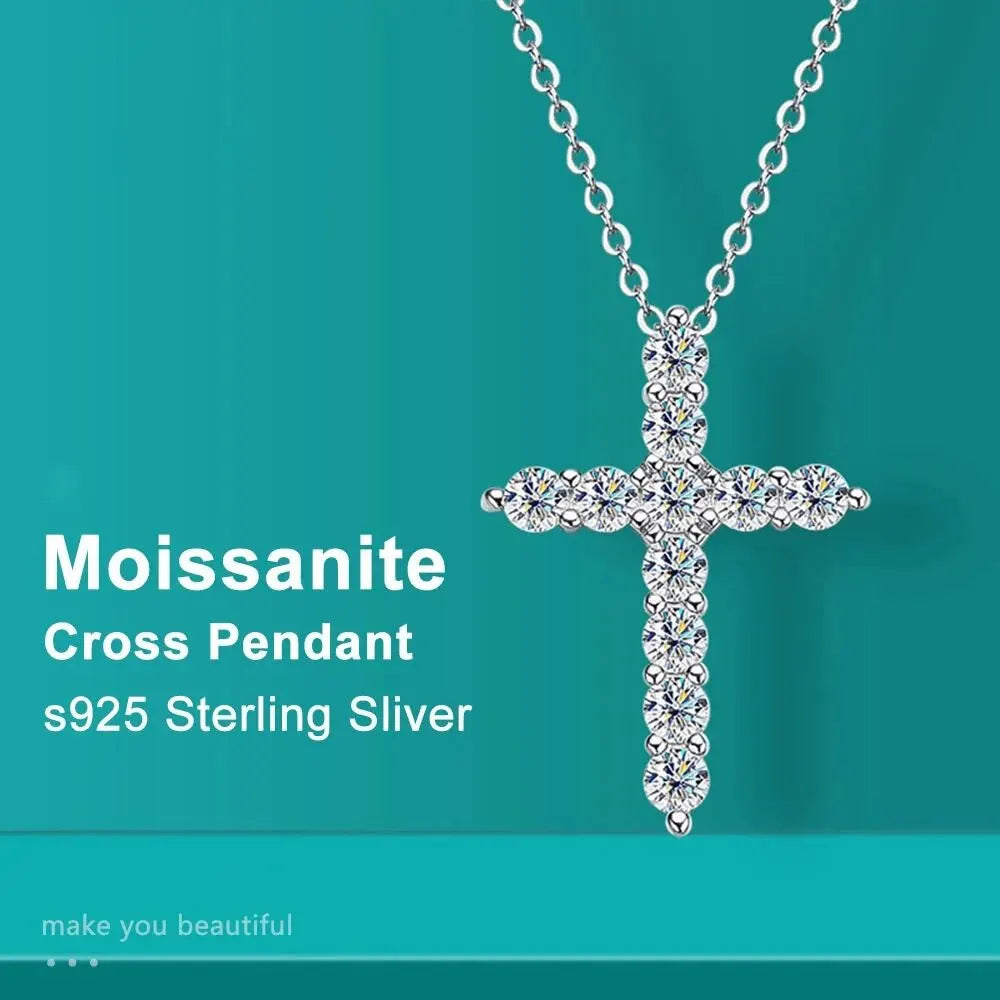 Moissanite Cross Pendant Necklace — 925 Silver, 18K Gold Plated