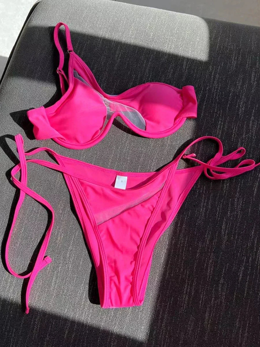 One Shoulder Mesh Bikinis Underwired V-Bar Bikini Women Swimwear Female Swimsuit Two-pieces Bikini Set Push Up Bathing Suit Swim