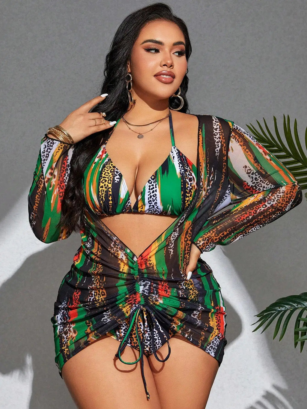 Vibrant Leopard And Colorblock 3-Piece Tankini Set For Beach Summer Festival Wear