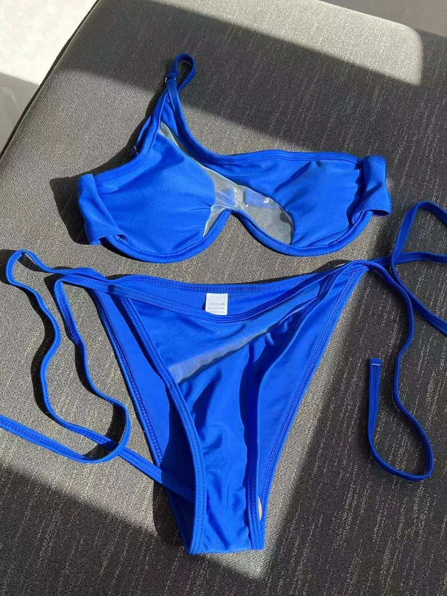 One Shoulder Mesh Bikinis Underwired V-Bar Bikini Women Swimwear Female Swimsuit Two-pieces Bikini Set Push Up Bathing Suit Swim