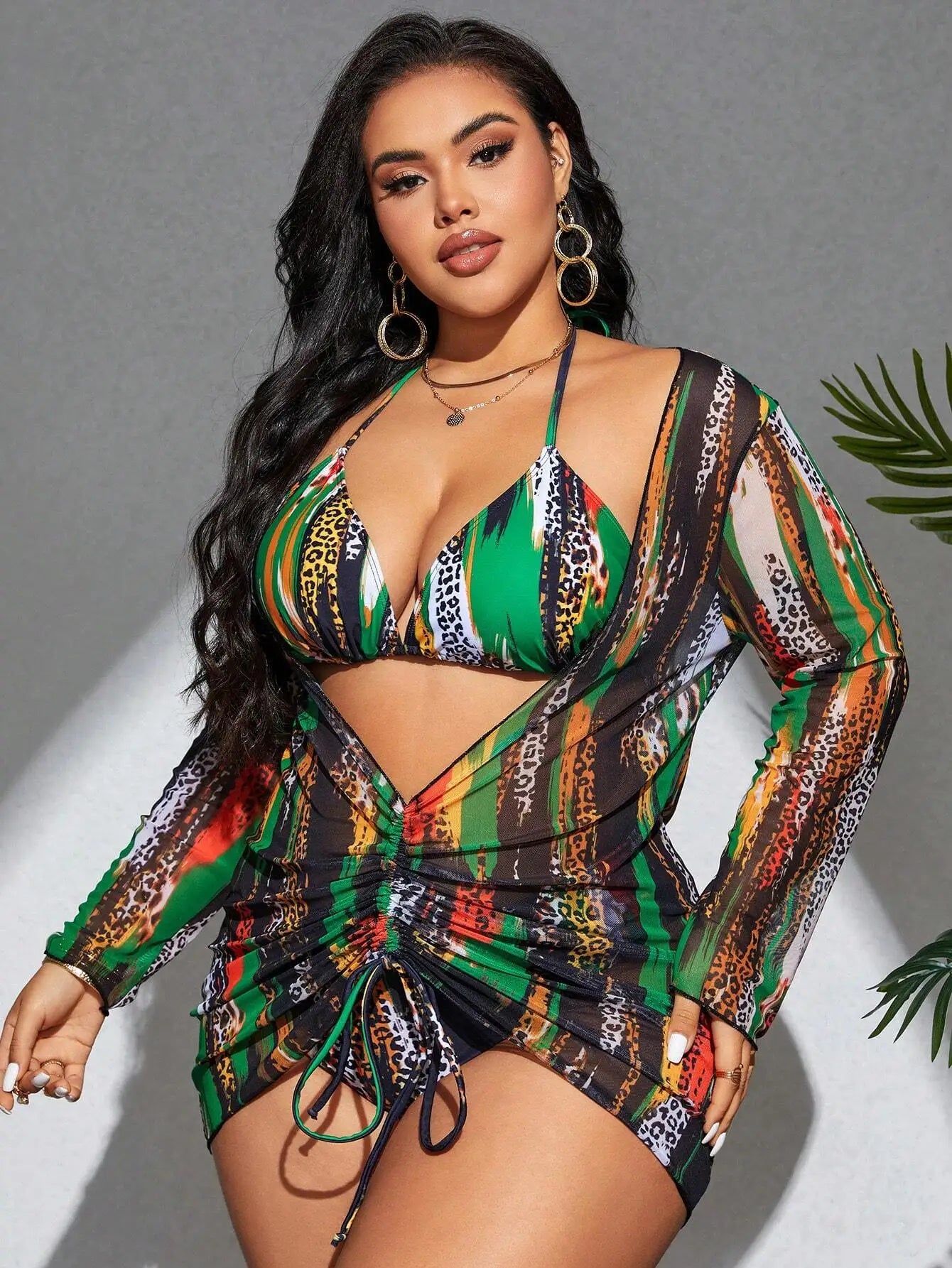 Vibrant Leopard And Colorblock 3-Piece Tankini Set For Beach Summer Festival Wear
