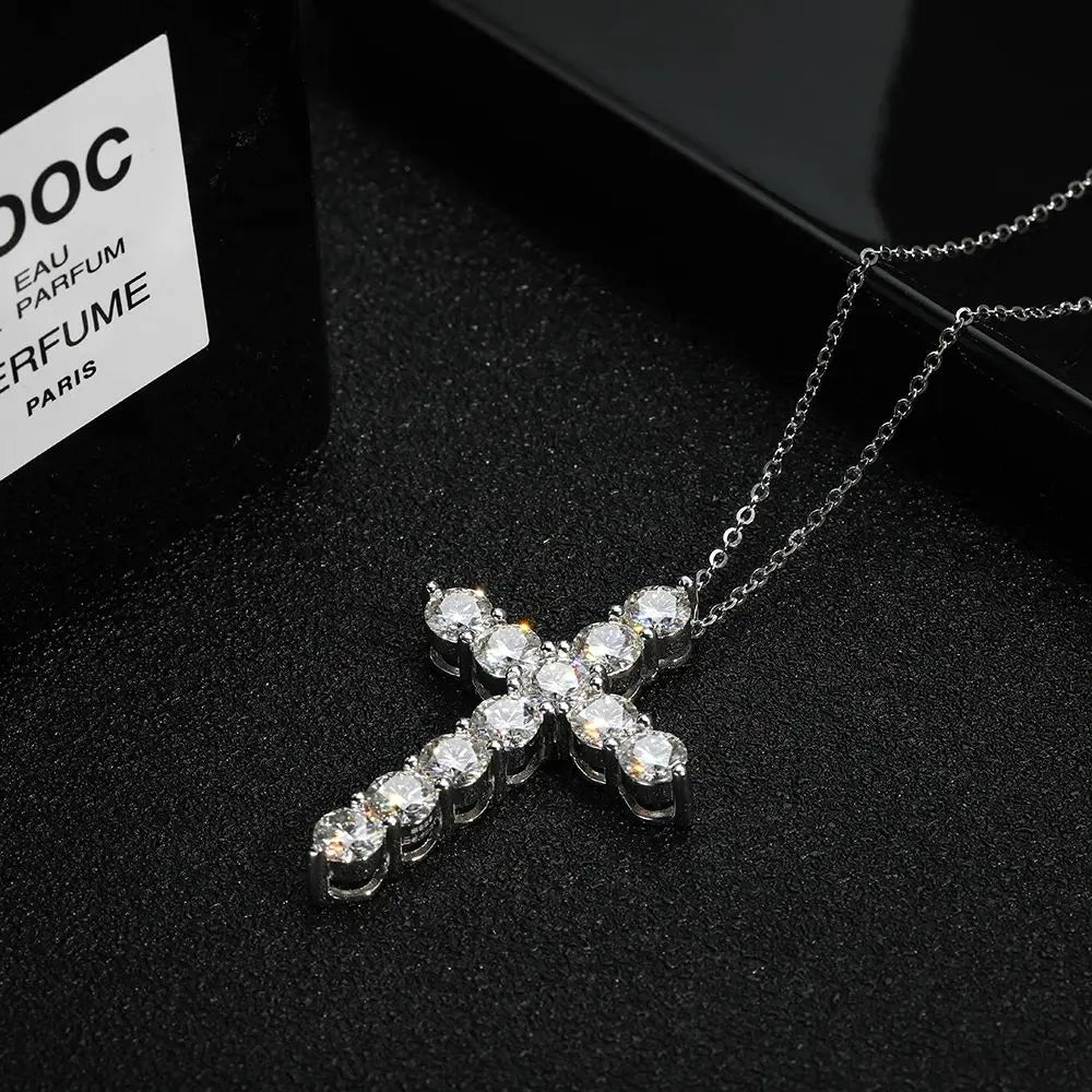 Moissanite Cross Pendant Necklace — 925 Silver, 18K Gold Plated