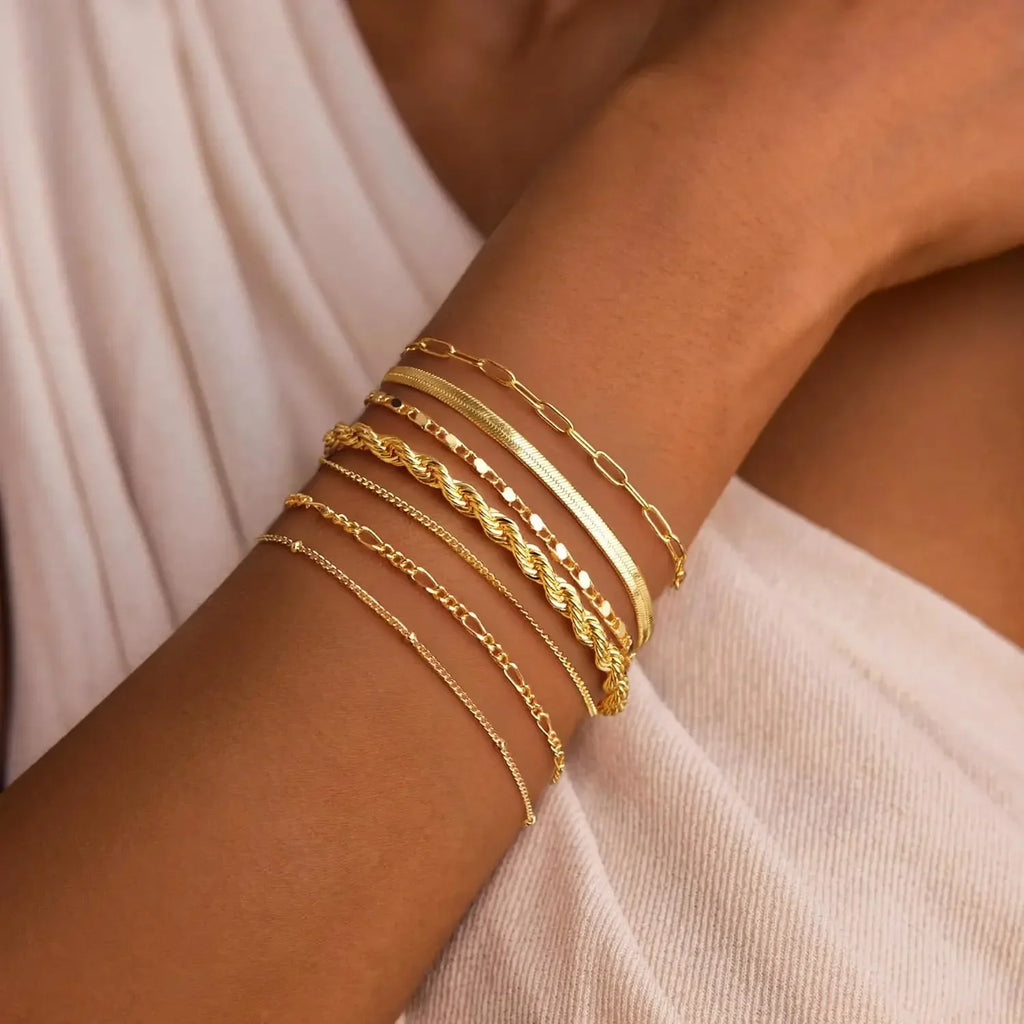 7PCS 14K Gold Plated Bracelets Sets for Women，Dainty Fashion Layered Cuban Link Chain Herringbone