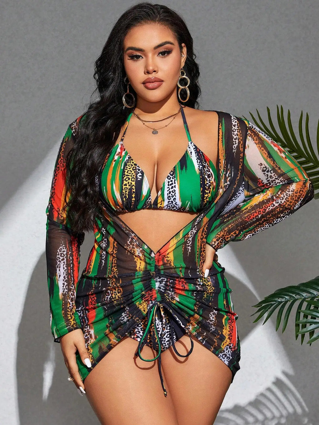 Vibrant Leopard And Colorblock 3-Piece Tankini Set For Beach Summer Festival Wear
