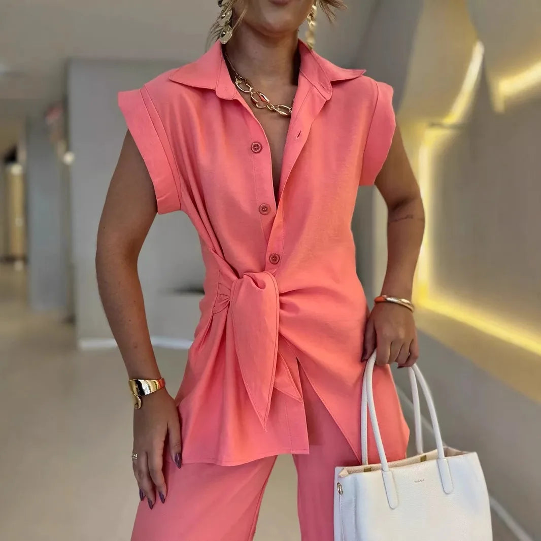 Women Tie Waist Short Sleeve Top Two-Piece Set High Waist Casual Pants Matching Set Relaxed Co-Ord Set Chic Coord Outfit Set
