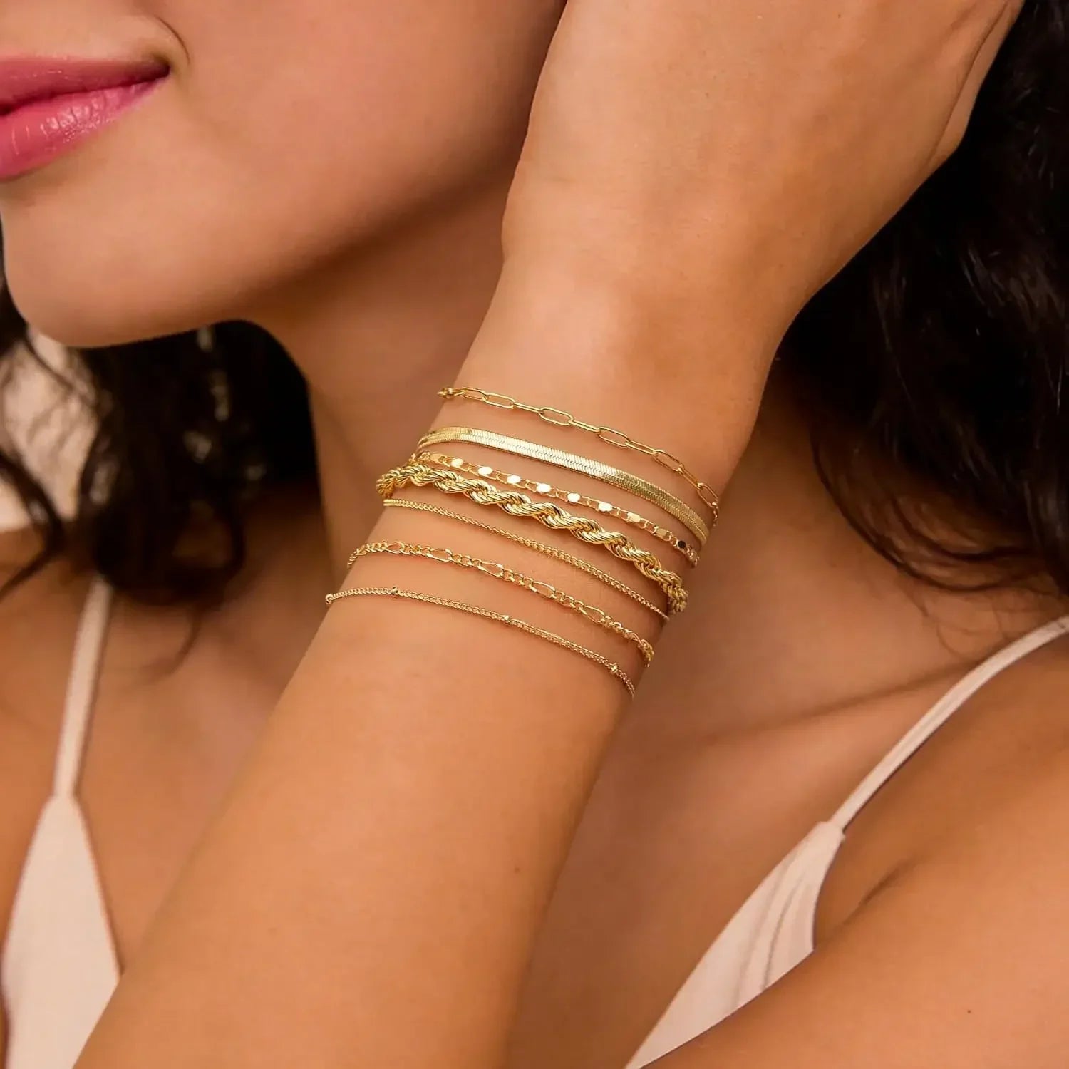 7PCS 14K Gold Plated Bracelets Sets for Women，Dainty Fashion Layered Cuban Link Chain Herringbone