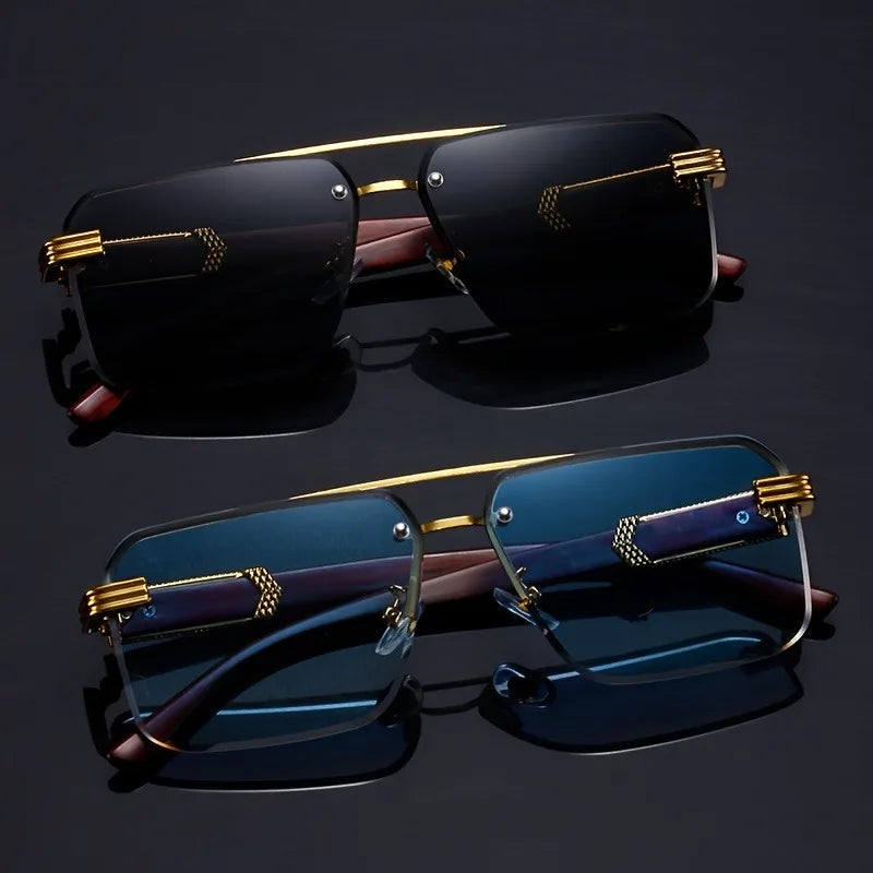 Rimless Rectangle Sunglasses — Wood Grain UV400