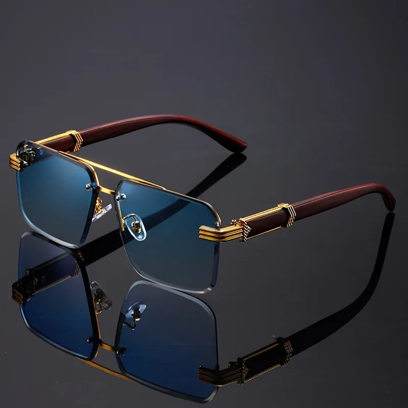 Rimless Rectangle Sunglasses — Wood Grain UV400
