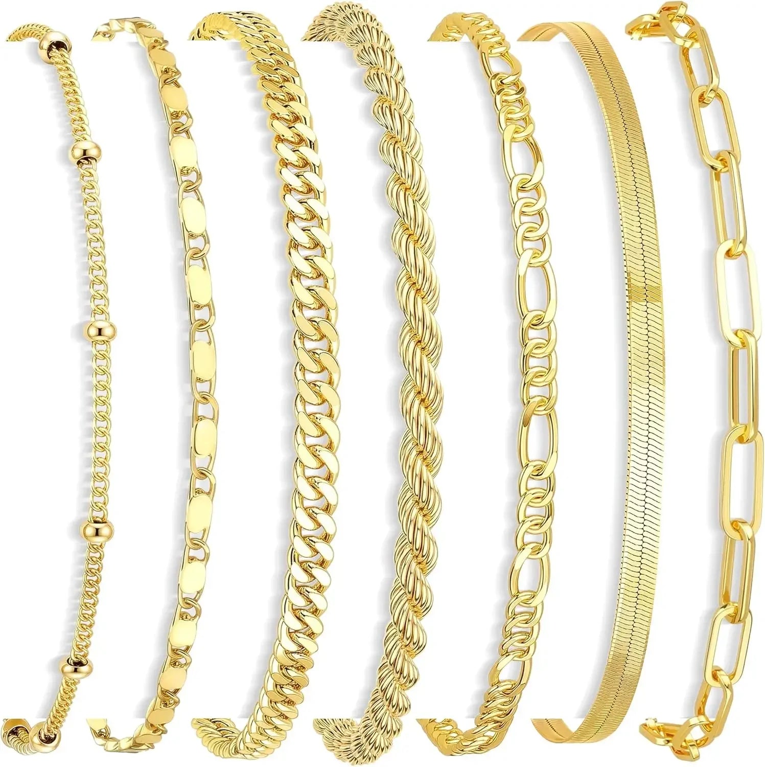 7PCS 14K Gold Plated Bracelets Sets for Women，Dainty Fashion Layered Cuban Link Chain Herringbone