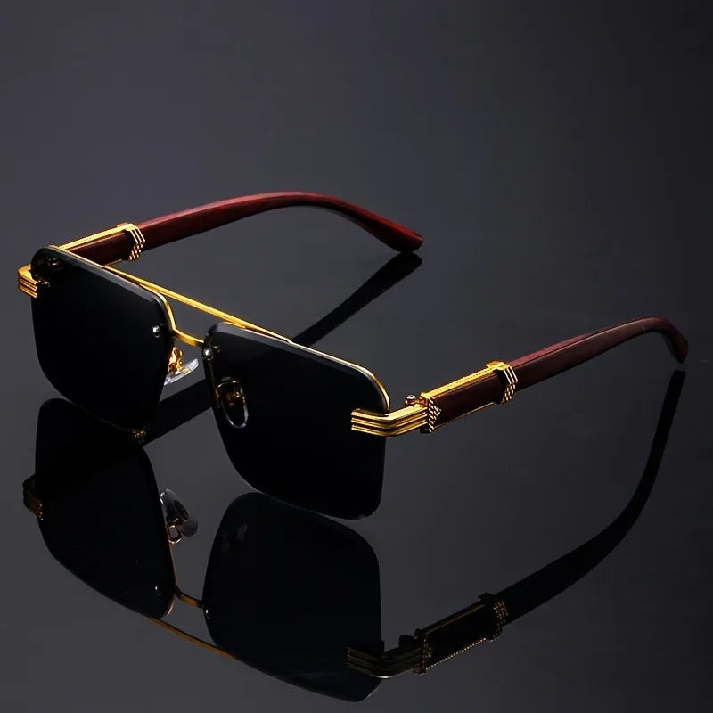 Rimless Rectangle Sunglasses — Wood Grain UV400