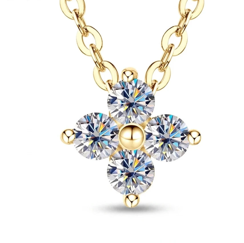 10K Solid Gold 0.06ct*4 Moissanite Diamond Pendant Necklace Four-Leaf Clover Style *Certified*