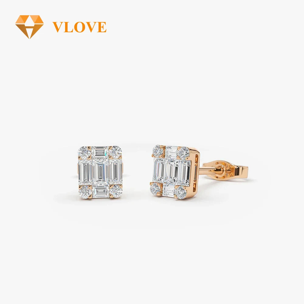 Lab Grown Diamond Mini Stud Earrings 10K Solid Gold Baguette Cut & Round Brilliant Cut *Certified*