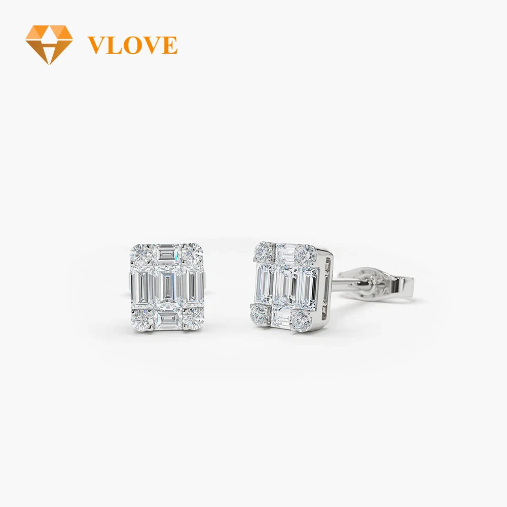 Lab Grown Diamond Mini Stud Earrings 10K Solid Gold Baguette Cut & Round Brilliant Cut *Certified*