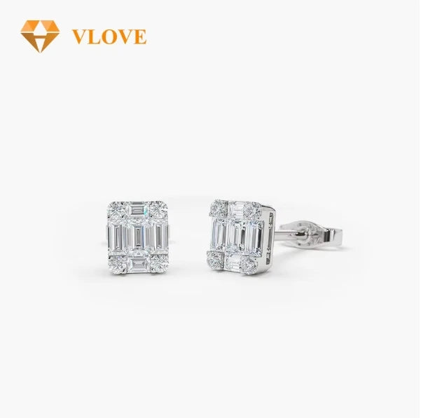 Lab Grown Diamond Mini Stud Earrings 10K Solid Gold Baguette Cut & Round Brilliant Cut *Certified*