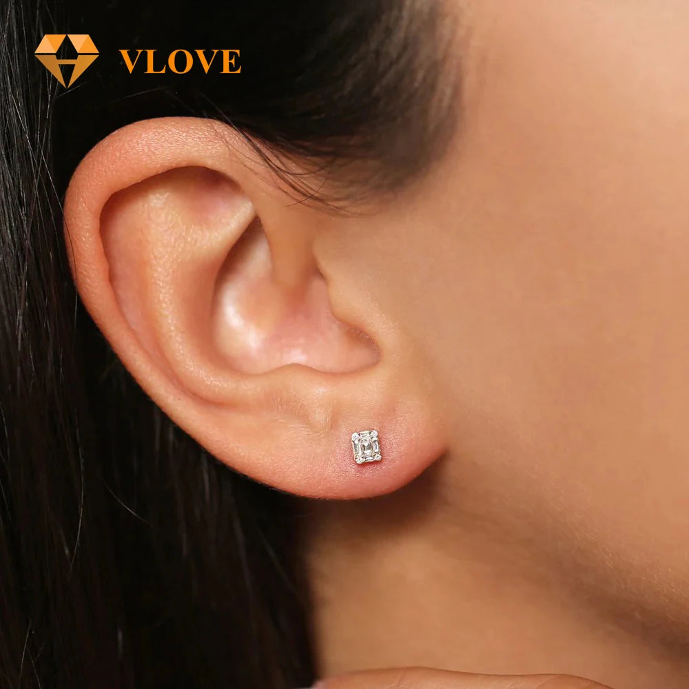 Lab Grown Diamond Mini Stud Earrings 10K Solid Gold Baguette Cut & Round Brilliant Cut *Certified*
