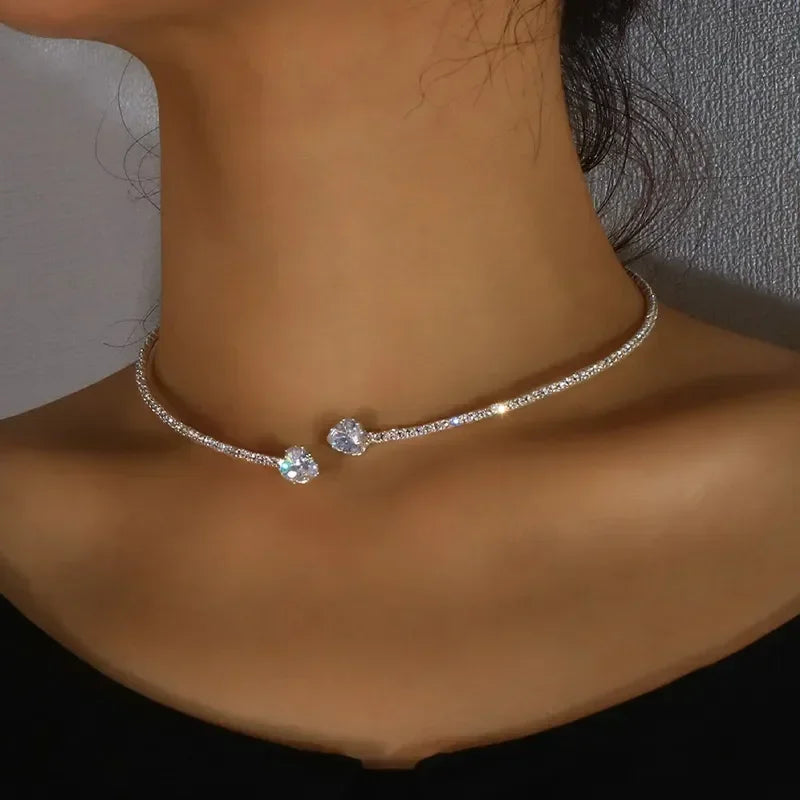 Rhinestone Heart Collar Choker Necklace - Simple Open Collar Necklace Torques Jewelry Accessories