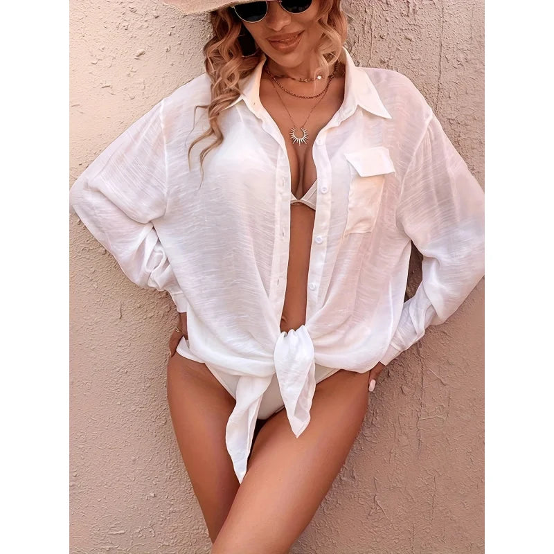 MOXDO Swimwear Cover-Up, Loose-Fit Shirt, Cardigan, Beach Vacation, Side Pockets, Beach, Pool, Seaside