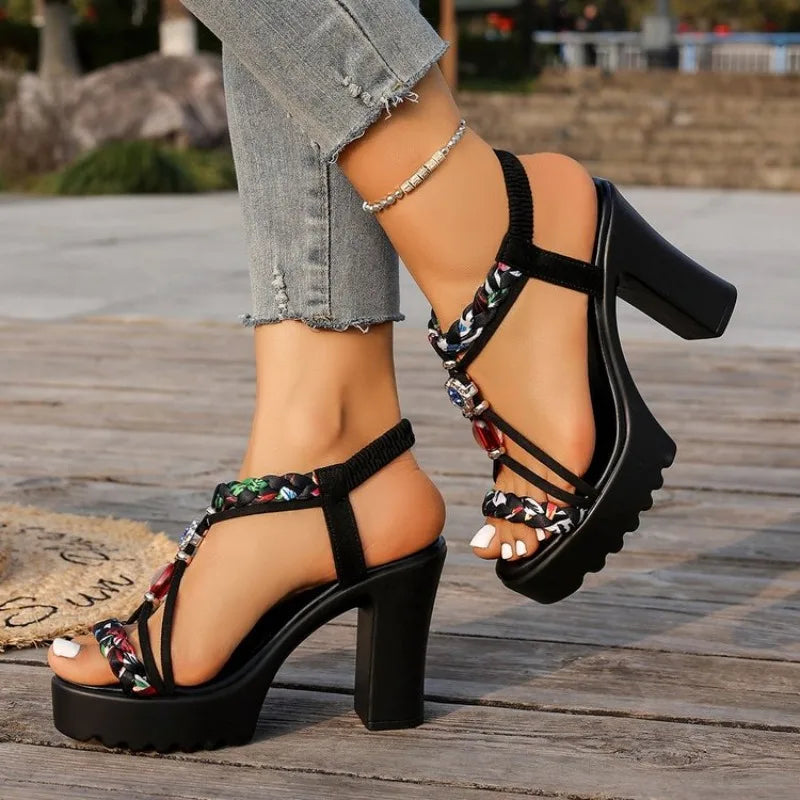 Women's Ethnic Chunky Heel Sandals — Open Toe Roman Style