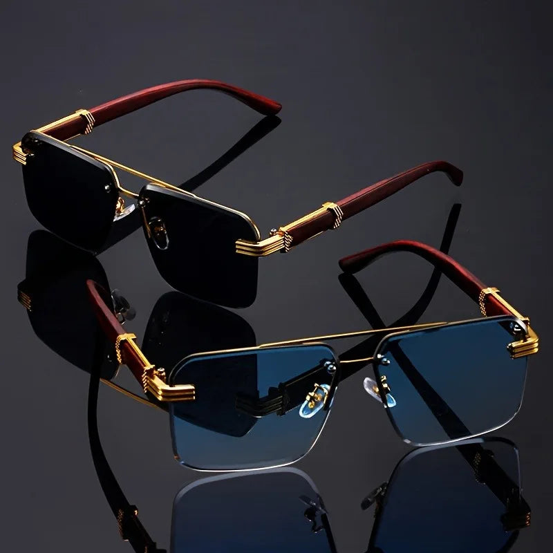 Rimless Rectangle Sunglasses — Wood Grain UV400