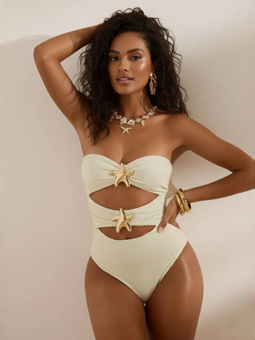 Y2k Tankini Women Swimsuit Star Print Swimwear Cut Out Embellished Swimsuit High Waist Bathing Suit